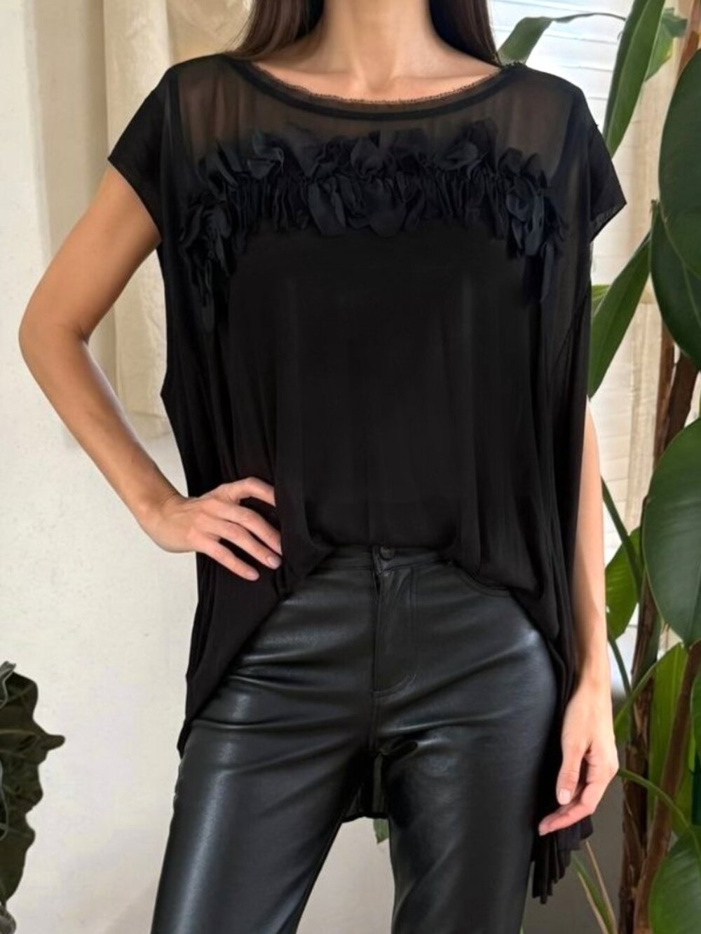 All Saints Black Sheer Floral-Trim Silk Top